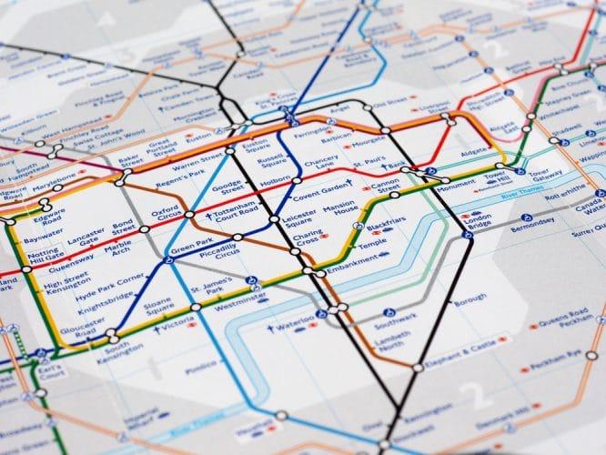 An extensive map of the London tube network showing the circle line in Central London